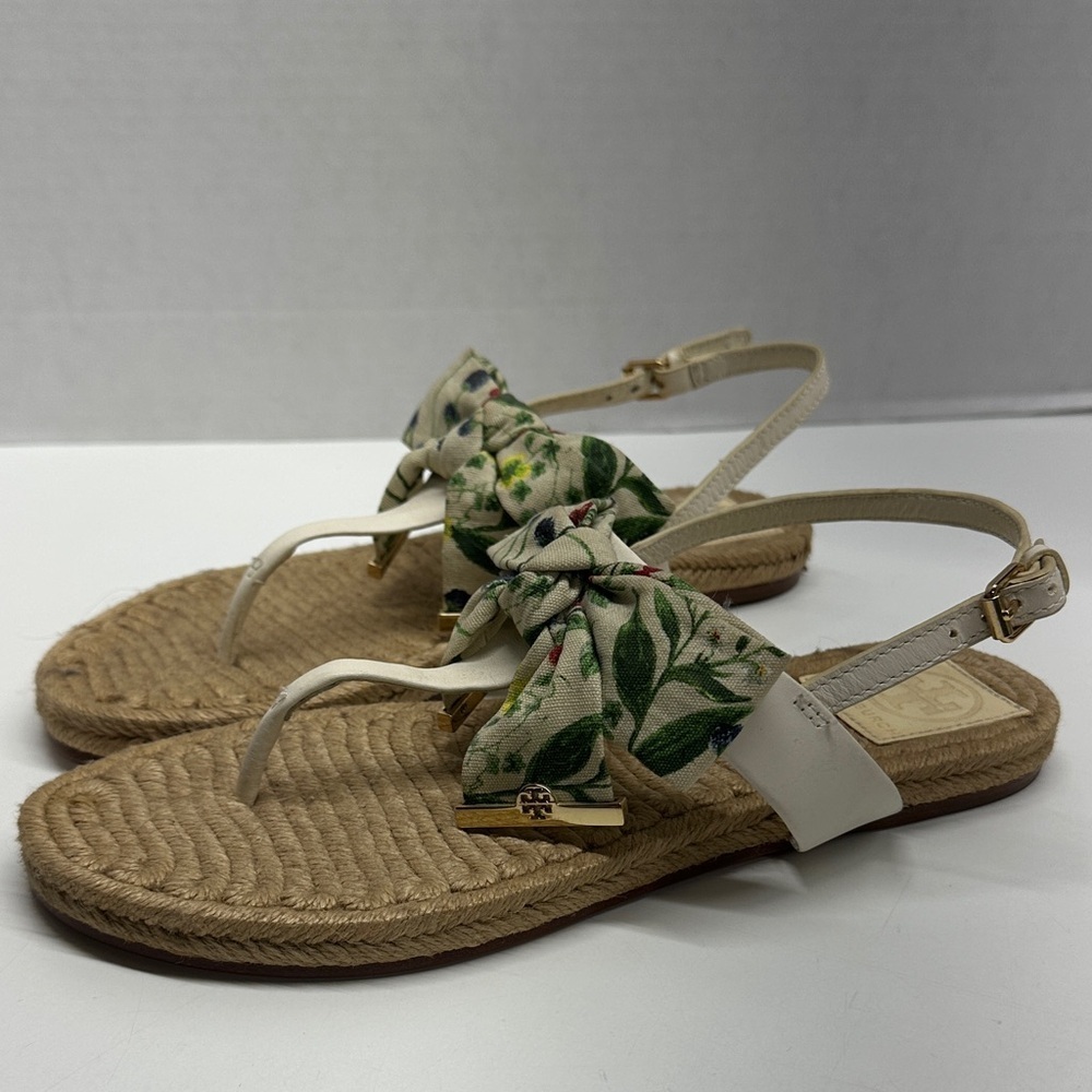Tory Burch Penny Sandals Espadrilles Flat Thong Shoes Botanical Floral Size 9